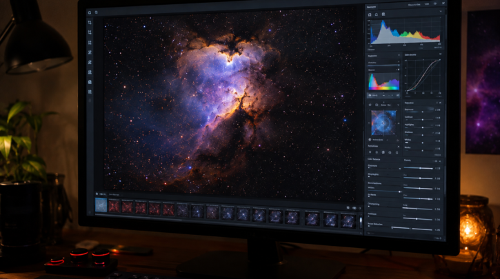 A computer screen showing a nebula image being edited in astrophotography software