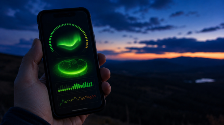 A person checking an aurora forecast app on their phone at dusk
