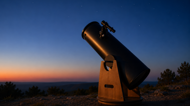 A Dobsonian telescope set up outdoors at dusk, pointed toward the sky