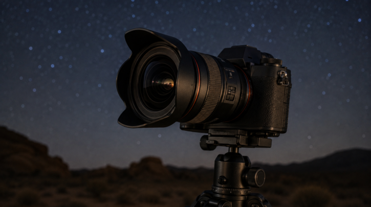 A mirrorless camera with a wide-angle lens set up for night sky photography