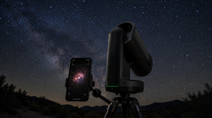 A smart telescope paired with a smartphone showing a live-stacked nebula image