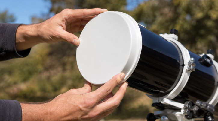A full-aperture solar filter being fitted onto the front of a telescope
