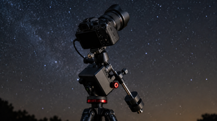 A star tracker mounted between a tripod and camera under a night sky
