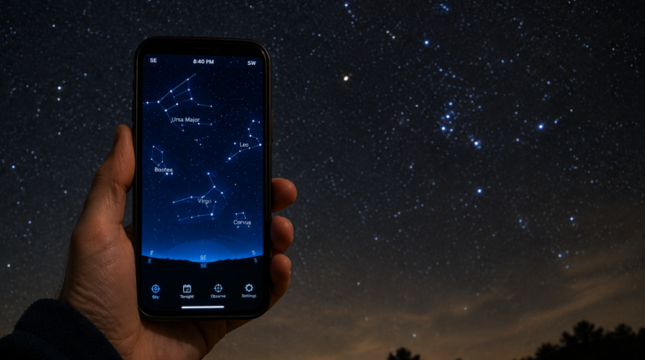 A smartphone displaying a star map held up against the night sky