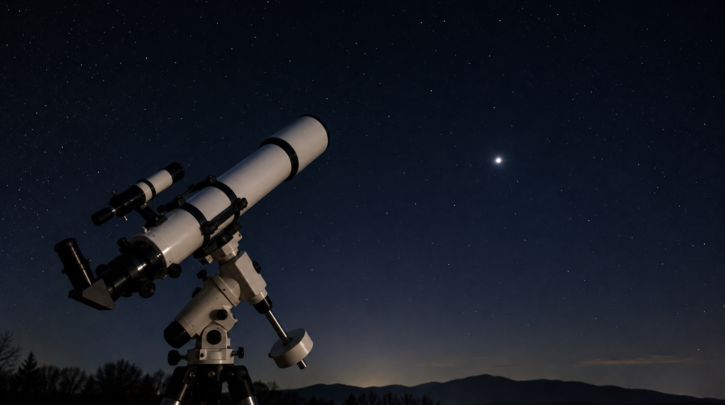 A refractor telescope aimed at a bright planet in the night sky
