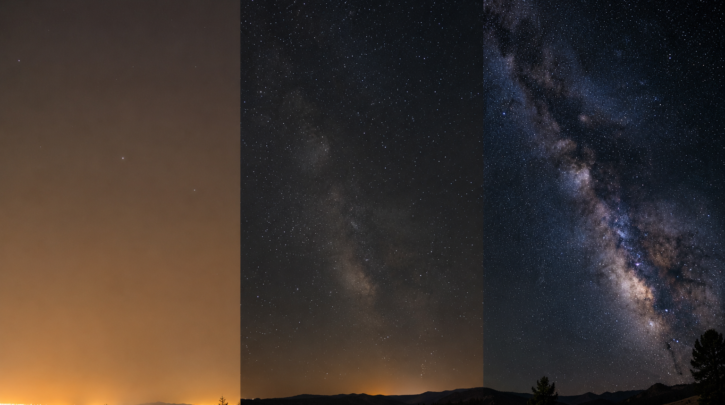 Three side-by-side night skies showing increasing darkness from light-polluted to pristine