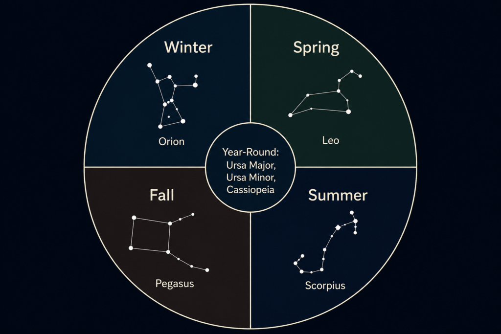 A seasonal wheel showing which constellations are visible in each season, with year-round circumpolar constellations at the center