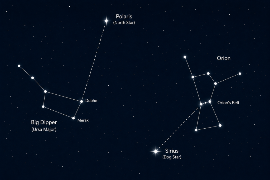Diagram showing the Big Dipper pointing to Polaris and Orion's belt pointing to Sirius