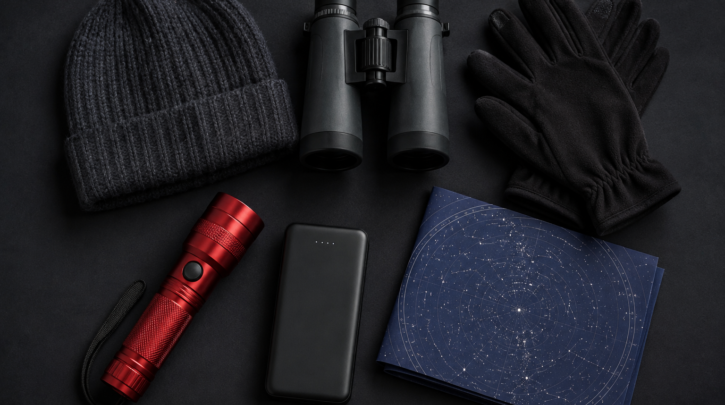 Stargazing travel gear laid out including a red flashlight, binoculars, and a star chart