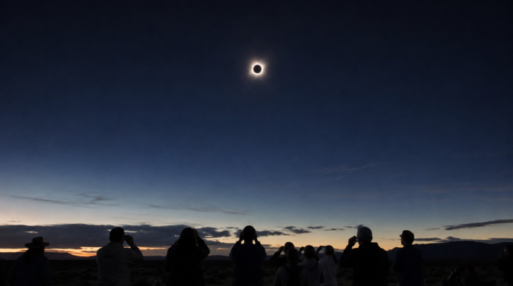 A crowd of people watching a total solar eclipse together