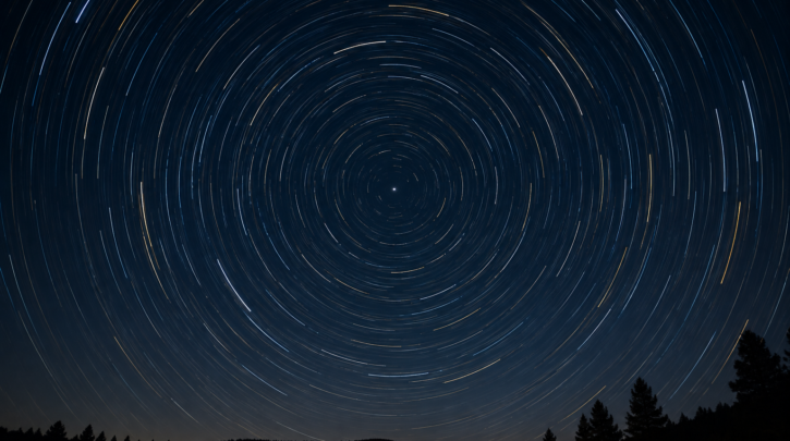 Star trails rotating around Polaris in a long-exposure night sky photograph