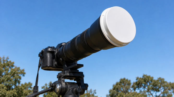 A camera with a solar filter mounted on a tripod, aimed at the sky