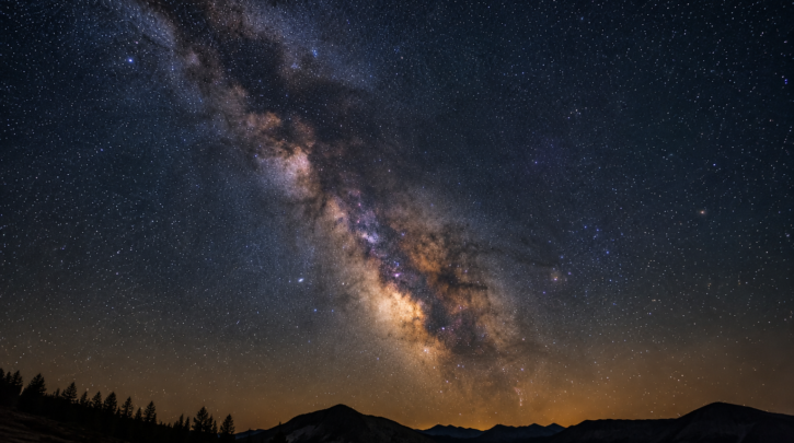 The Milky Way's galactic core rising above a dark landscape