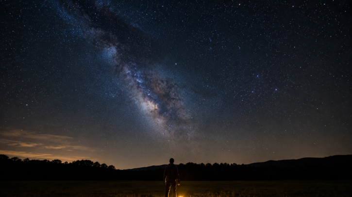 A person stargazing alone under a clear, star-filled night sky