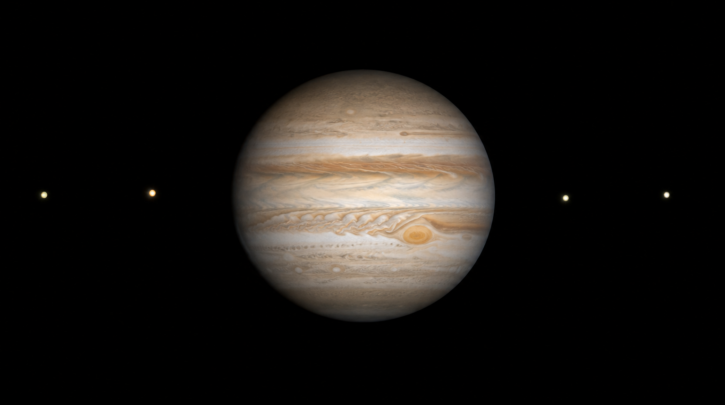 Jupiter with its four Galilean moons visible as points of light nearby