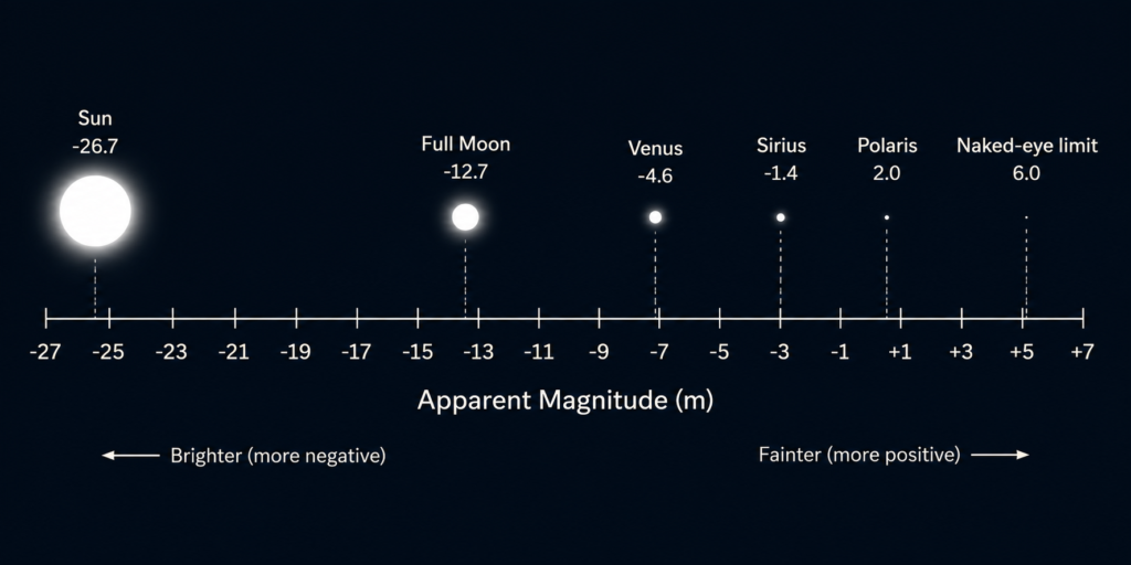 A brightness scale comparing the magnitudes of the Sun, Moon, Venus, Sirius, and Polaris