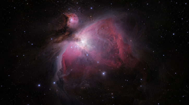 The glowing pink and orange clouds of the Orion Nebula