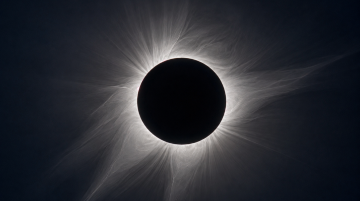 The Sun's corona visible around the Moon's silhouette during total solar eclipse totality