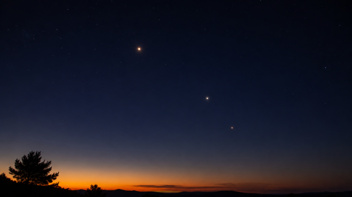 Several bright planets visible as steady points of light in the evening sky