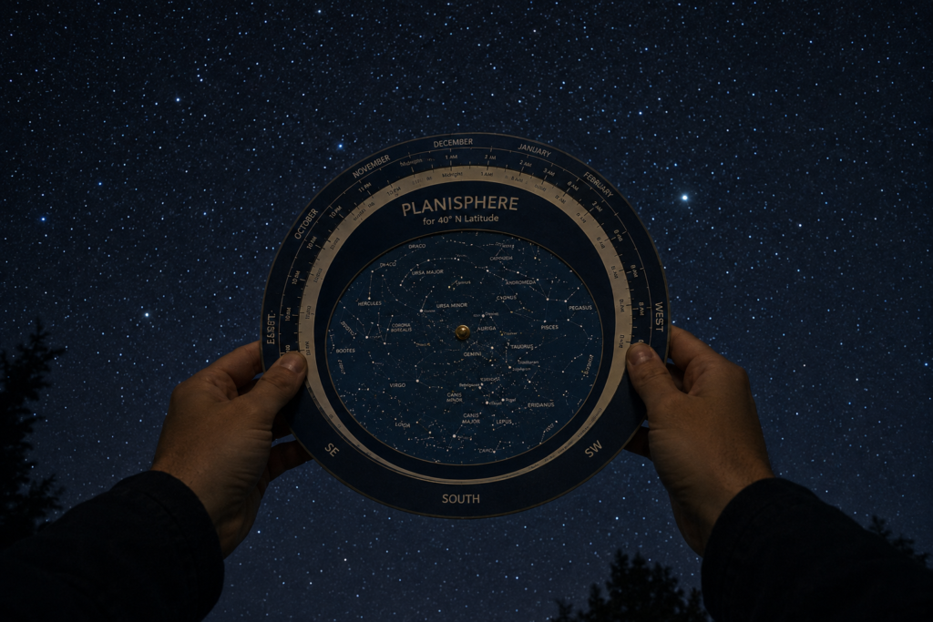 A planisphere held overhead to align with the real night sky