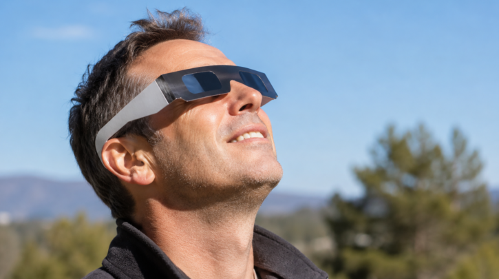 A person safely viewing the sun using certified eclipse glasses