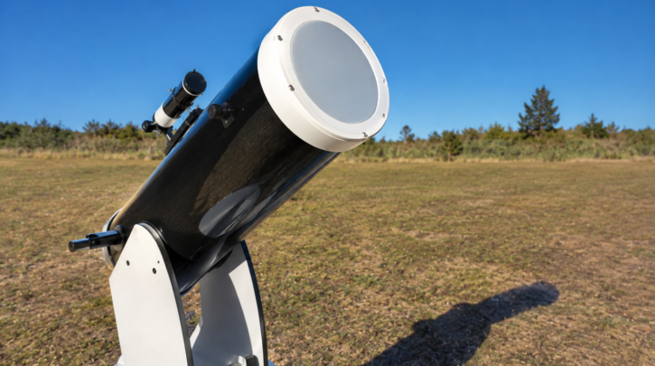 A telescope with a full-aperture solar filter pointed at the sky during the day