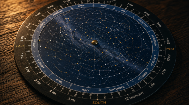 A planisphere star chart resting on a table