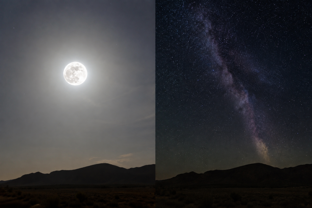 A washed-out sky under a full moon compared to a star-filled sky on a moonless night