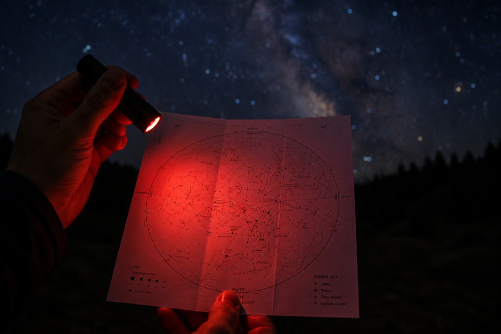 A red flashlight illuminating a star chart while preserving night vision