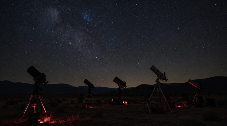 Several telescopes set up together in a dark field under a starry sky